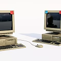 Old Desktop Computers with CRT Monitors Keyboards Mice and Red Blue Stickers on Screens