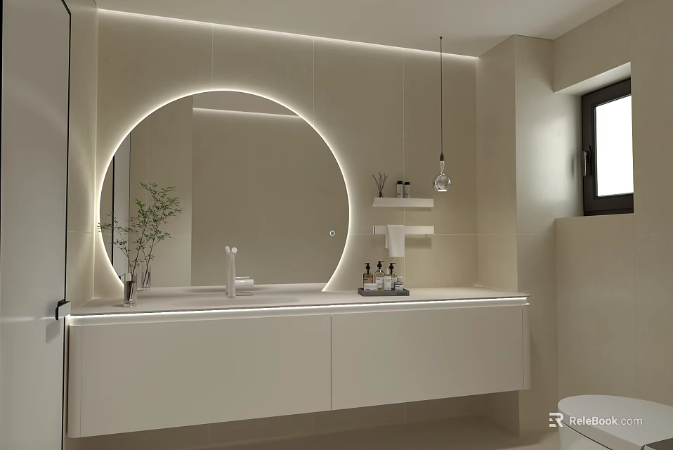 Modern Bathroom Vanity With Round Backlit Mirror White Wall-Mounted Cabinet Floating Shelves And Toiletries 3d model 