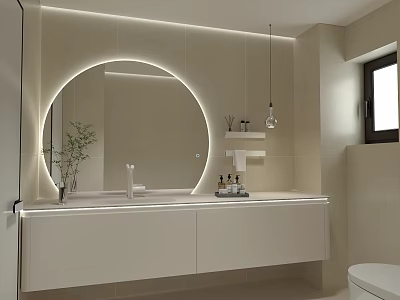 Modern Bathroom Vanity With Round Backlit Mirror White Wall-Mounted Cabinet Floating Shelves And Toiletries 3d model