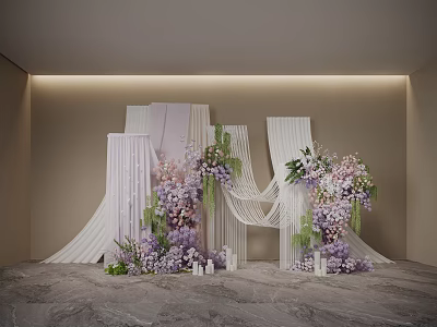 Floral Installation With Purple Pink Flowers White Drapes And Green Plants For Elegant Event Backdrop 3d model