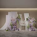 Floral Installation With Purple Pink Flowers White Drapes And Green Plants For Elegant Event Backdrop