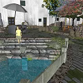 Traditional Chinese Village Courtyard with White Walls Gray Tiles Stone-paved Path and Trees