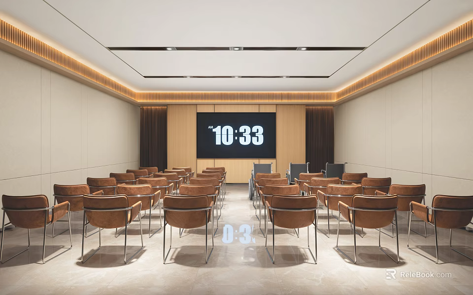 Modern Conference Room With Neatly Arranged Brown Chairs And Large Screen Displaying Time 3d model 
