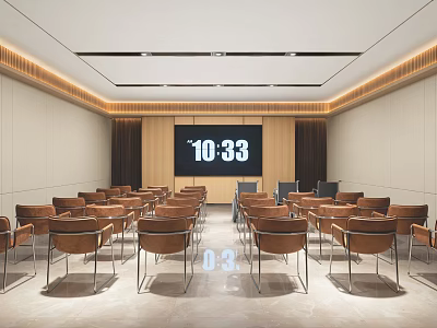 Modern Conference Room With Neatly Arranged Brown Chairs And Large Screen Displaying Time 3d model