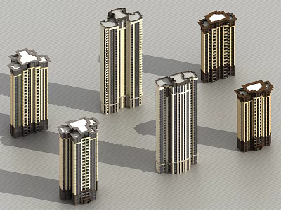 Modern High Rise Residential Buildings With Varied Architectural Facades And Decorative Tops 3d model