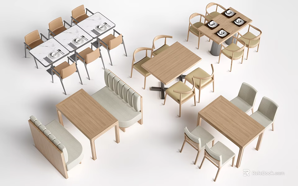Modern Dining Table Set with Wooden Tables and Matching Chairs with Benches 3d model 