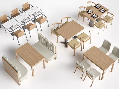 Modern Dining Table Set with Wooden Tables and Matching Chairs with Benches 3d model