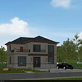 Two Story Detached Villa With Dark Roof Large Windows Green Lawn And Parking Area