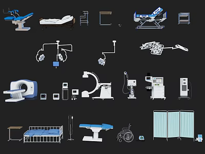 Essential Medical Equipment For Hospital Clinic With Examination Beds MRI Machines Wheelchairs And Surgical Tables 3d model