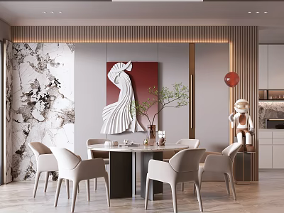 Elegant Modern Luxury Restaurant Interior With Marble Wall Red Painting White Chairs And Robot Ornament 3d model