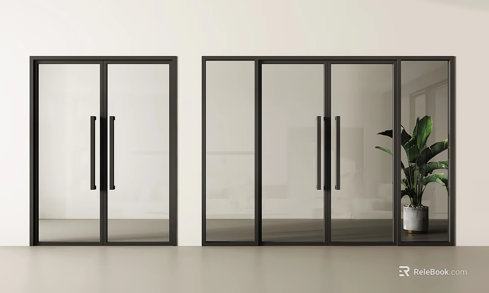 Modern Sliding Glass Doors with Black Frames in Interior and Potted Plant 3d model 