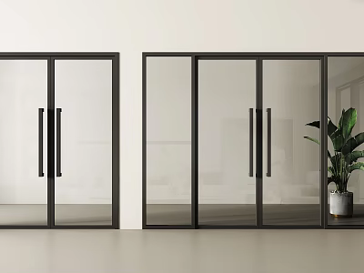 Modern Sliding Glass Doors with Black Frames in Interior and Potted Plant 3d model