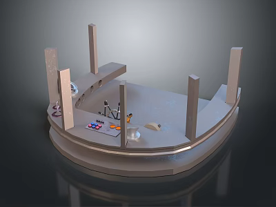 Detailed 3D Model of Circular Display Platform With Columns and Small Objects 3d model