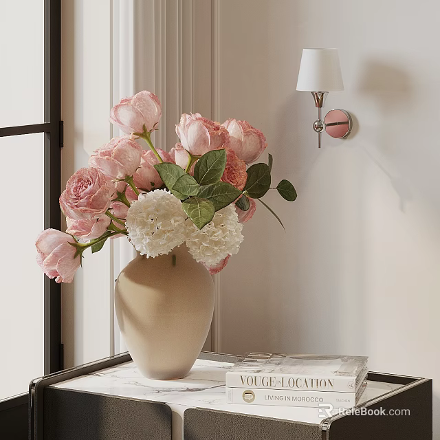 Elegant Beige Flower Vase With Pink Roses White Hydrangeas Green Leaves On Table With Books 3d model 