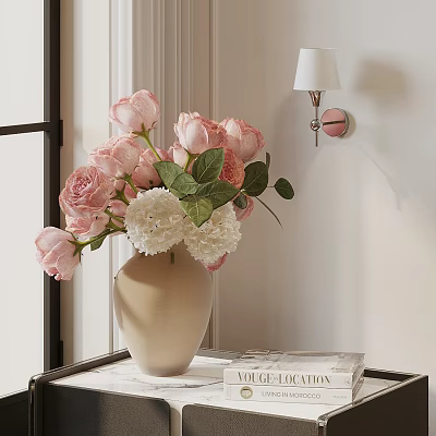 Elegant Beige Flower Vase With Pink Roses White Hydrangeas Green Leaves On Table With Books 3d model