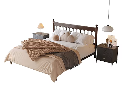 Double Bed with Wooden Headboard Beige Bedding Brown Blanket Pillows and Nightstand Lamp in Bedroom 3d model