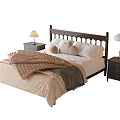 Double Bed with Wooden Headboard Beige Bedding Brown Blanket Pillows and Nightstand Lamp in Bedroom