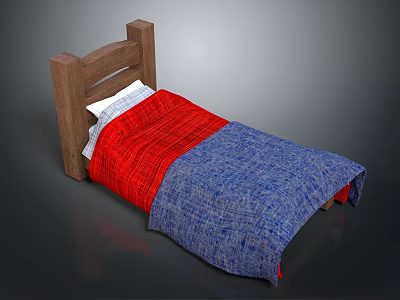 Wooden Bed With Red And Blue Quilt And White Pillows For Bedroom 3d model