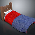 Wooden Bed With Red And Blue Quilt And White Pillows For Bedroom