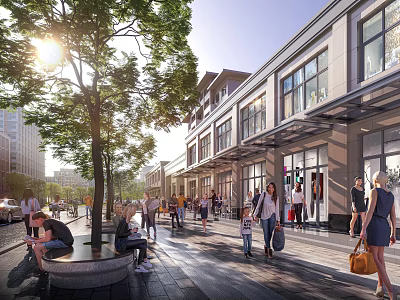 Vibrant Commercial Street With Pedestrians Shady Trees People Sitting And Modern Sunlit Storefronts 3d model