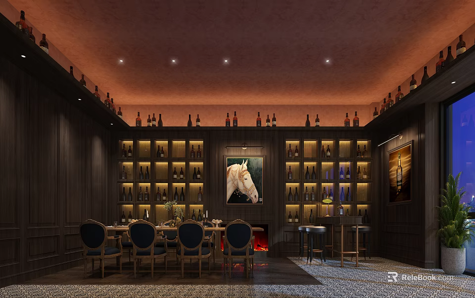 Elegant Private Dining Room With Dark Wooden Walls Wine Racks Fireplace And White Horse Painting 3d model 