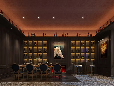 Elegant Private Dining Room With Dark Wooden Walls Wine Racks Fireplace And White Horse Painting 3d model