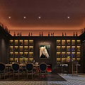 Elegant Private Dining Room With Dark Wooden Walls Wine Racks Fireplace And White Horse Painting