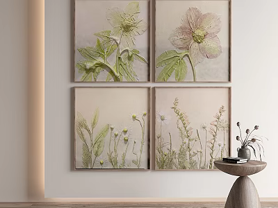 Four Floral Plant Paintings As Wall Decor With Small Table And Vase 3d model