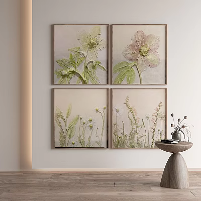 Four Floral Plant Paintings As Wall Decor With Small Table And Vase 3d model
