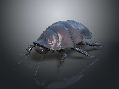 Dark Metallic Cockroach Close Up View With Shiny Exoskeleton And Gray Background 3d model