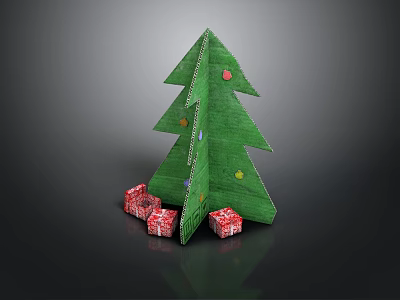 Green Paper Christmas Tree With Colorful Ornaments And Red Gift Boxes 3d model