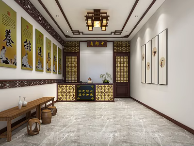 Traditional Chinese Wellness Center Interior With Calligraphy Scrolls Wooden Bench Paintings Ornate Front Desk Lanterns 3d model