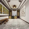 Traditional Chinese Wellness Center Interior With Calligraphy Scrolls Wooden Bench Paintings Ornate Front Desk Lanterns