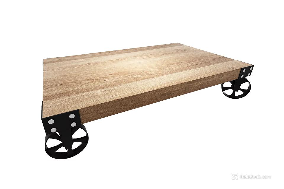 Industrial Wooden Coffee Table with Natural Wood Top and Black Wheels 3d model 