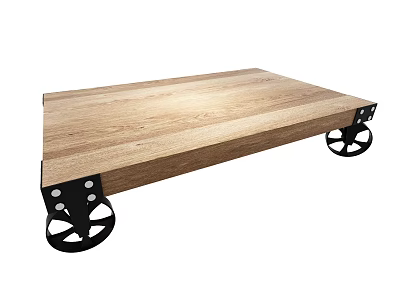 Industrial Wooden Coffee Table with Natural Wood Top and Black Wheels 3d model