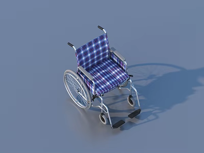 Blue White Plaid Wheelchair With Metal Frame Wheels And Footrests 3d model