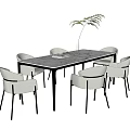 Modern Rectangular Dining Table Set With Six Light Gray Chairs And Green Plant Decor 3d model