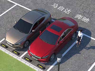 Red Mercedes-Benz and Gray Mazda Cars Parked in Parking Lot with Woman Standing Nearby 3d model