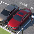 Red Mercedes-Benz and Gray Mazda Cars Parked in Parking Lot with Woman Standing Nearby
