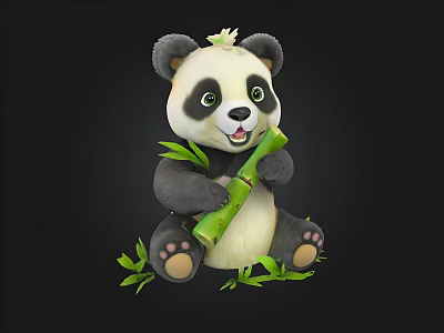 Cute 3D Panda Sitting And Holding Bamboo Stalk With Green Leaves On Black Background 3d model