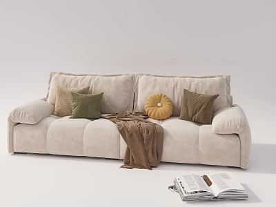 Cozy Beige Two Seater Sofa With Decorative Pillows Soft Blanket And Open Magazine 3d model