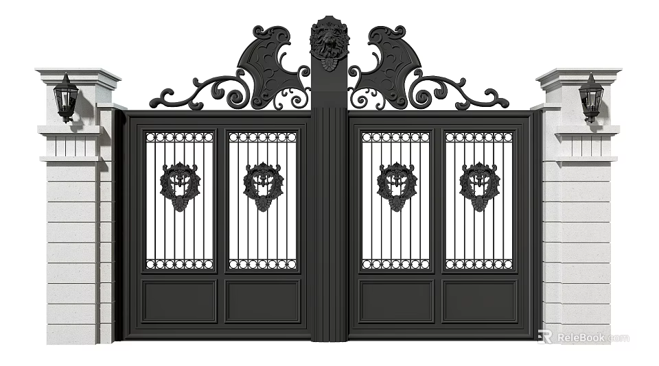 Ornate Black Wrought Iron Gates With Decorative Carvings And White Pillars Design 3d model 