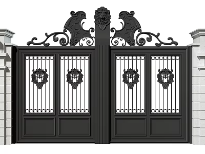 Ornate Black Wrought Iron Gates With Decorative Carvings And White Pillars Design 3d model