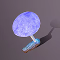 Glowing Purple Vegetable Mushroom with White Stem Inserted in Brown Wood Gray Background