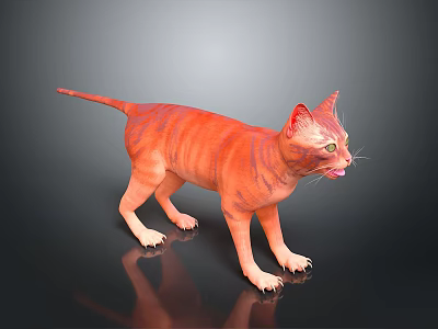 Orange Tabby Cat 3D Model Standing On Black Reflective Surface With Gray Background 3d model
