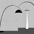 Modern Black Curved and White Conical Floor Lamps in Gray Wall with Arched Doorway