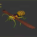 Detailed Yellow and Black Striped Wasp with Brown Wings 3D Rendering Model