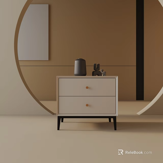 Side Table With White Drawers Black Slender Legs Black Kettle Small Decor On Beige Background 3d model 