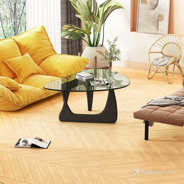 Glass Top Coffee Table with Black Legs in Living Room with Yellow Sofa Wooden Floor 3d model 