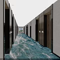 Hotel Corridor With Blue And White Wavy Pattern Carpet Light Colored Walls And Ceiling Lights 3d model
